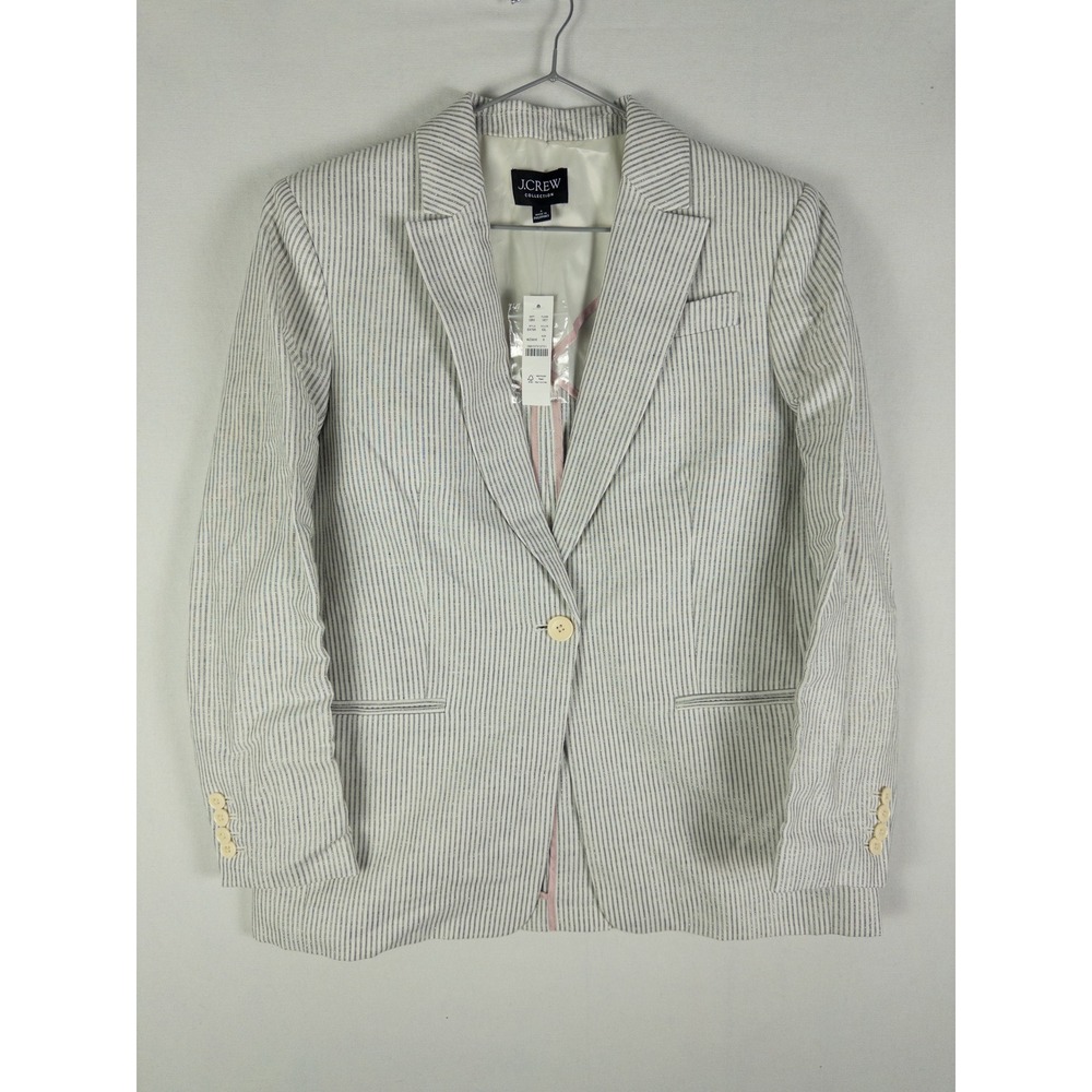 J.Crew Collection Linen Blazer Womens 6 White Gray Striped Lined Preppy Old Mone